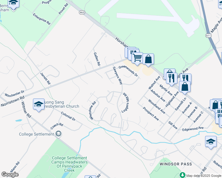 map of restaurants, bars, coffee shops, grocery stores, and more near 69 Whetstone Road in Horsham