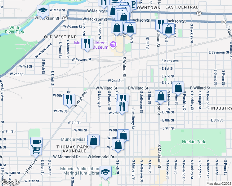 map of restaurants, bars, coffee shops, grocery stores, and more near 1117 South High Street in Muncie