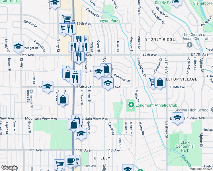 map of restaurants, bars, coffee shops, grocery stores, and more near 1502 Collyer Street in Longmont