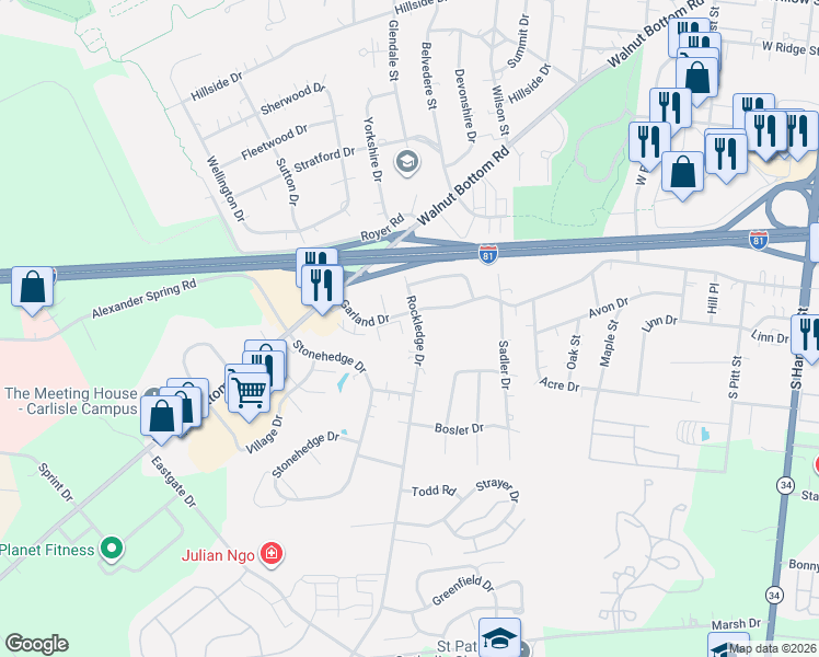 map of restaurants, bars, coffee shops, grocery stores, and more near 4 Garland Court in Carlisle