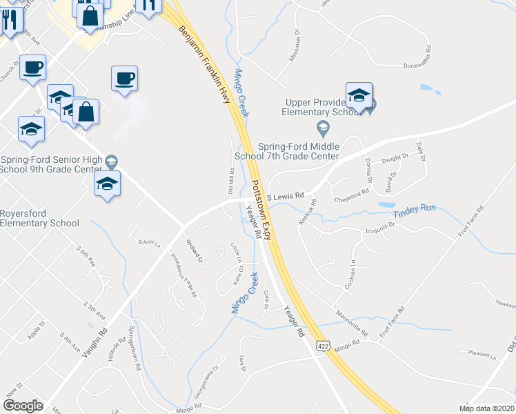 map of restaurants, bars, coffee shops, grocery stores, and more near 704 South Lewis Road in Royersford
