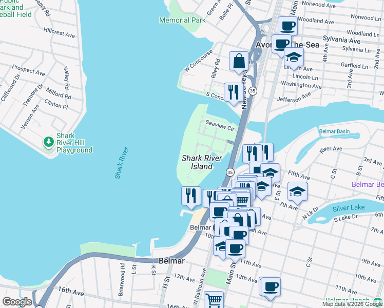 map of restaurants, bars, coffee shops, grocery stores, and more near 129 Spinnaker Way in Neptune City