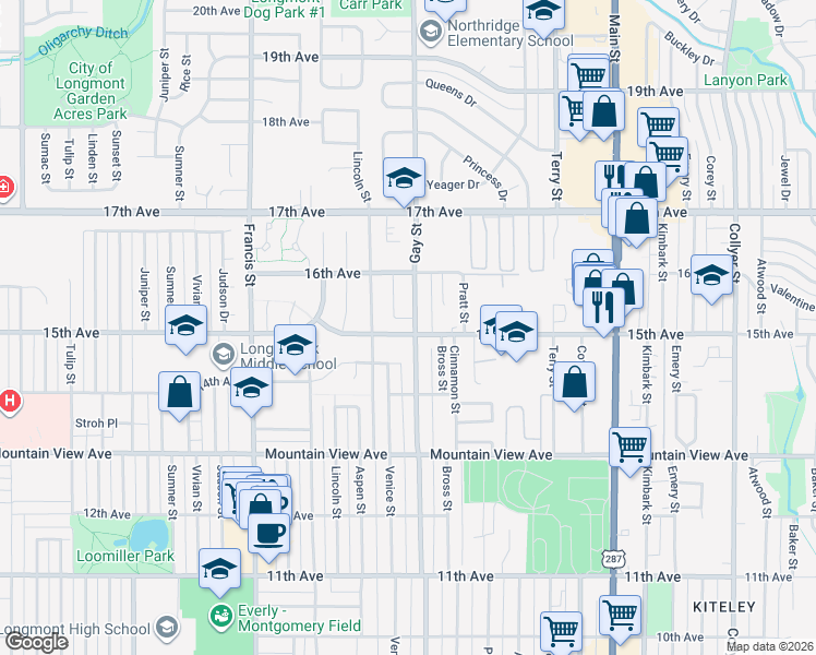 map of restaurants, bars, coffee shops, grocery stores, and more near 1244 15th Avenue in Longmont