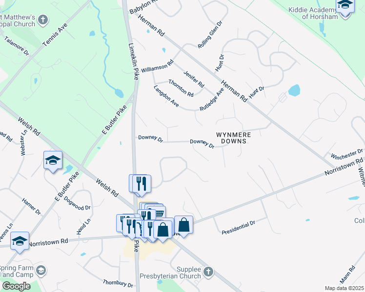 map of restaurants, bars, coffee shops, grocery stores, and more near 46 Downey Drive in Horsham