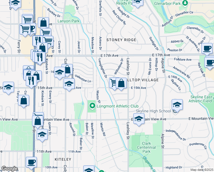 map of restaurants, bars, coffee shops, grocery stores, and more near 34 East 15th Avenue in Longmont