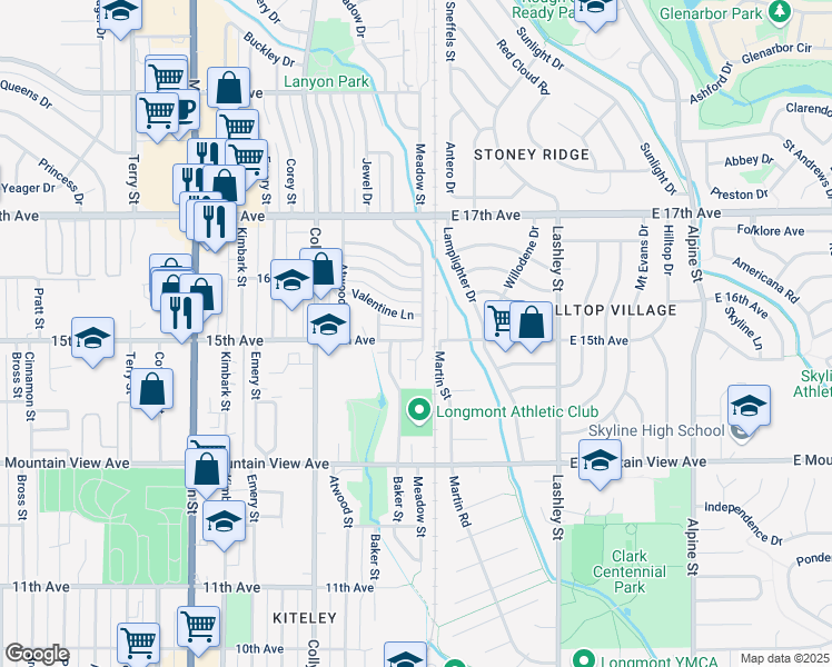 map of restaurants, bars, coffee shops, grocery stores, and more near 20 15th Avenue in Longmont