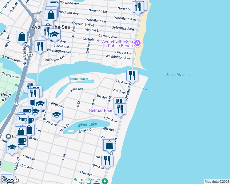 map of restaurants, bars, coffee shops, grocery stores, and more near 12 A Street in Belmar