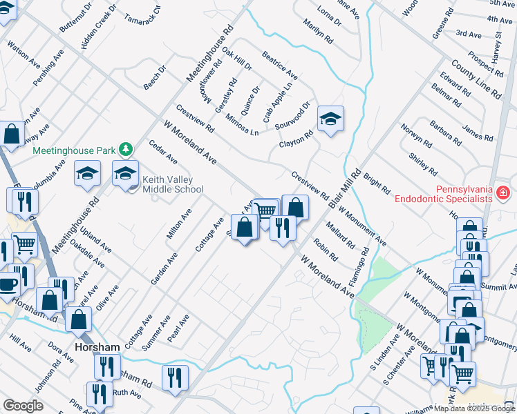 map of restaurants, bars, coffee shops, grocery stores, and more near 165 West Moreland Avenue in Hatboro