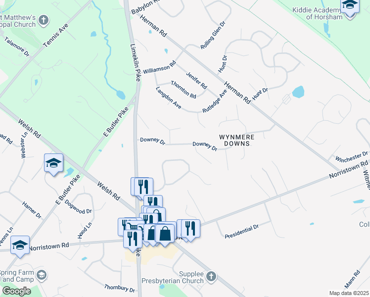 map of restaurants, bars, coffee shops, grocery stores, and more near 46 Downey Drive in Horsham