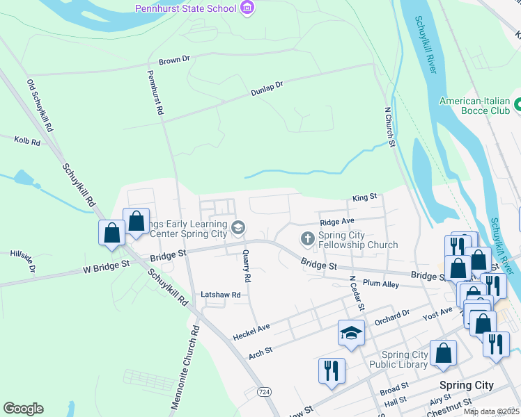 map of restaurants, bars, coffee shops, grocery stores, and more near 111 Meredith Drive in Spring City