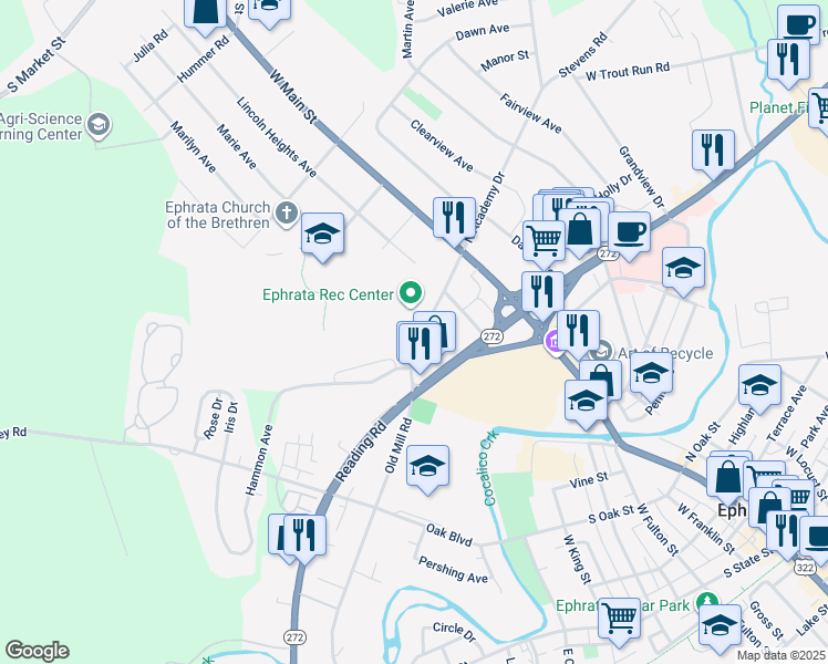 map of restaurants, bars, coffee shops, grocery stores, and more near 148 S Academy Dr in Ephrata
