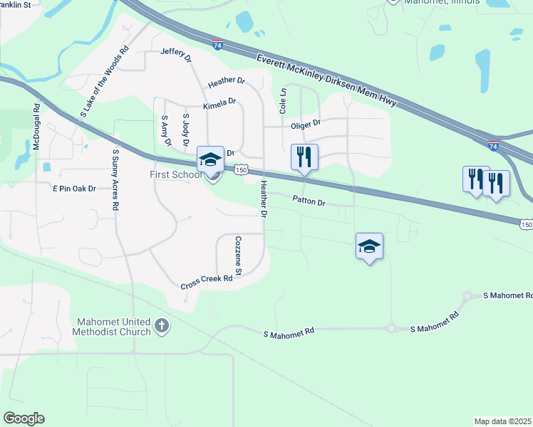 map of restaurants, bars, coffee shops, grocery stores, and more near 1102 Heather Drive in Mahomet