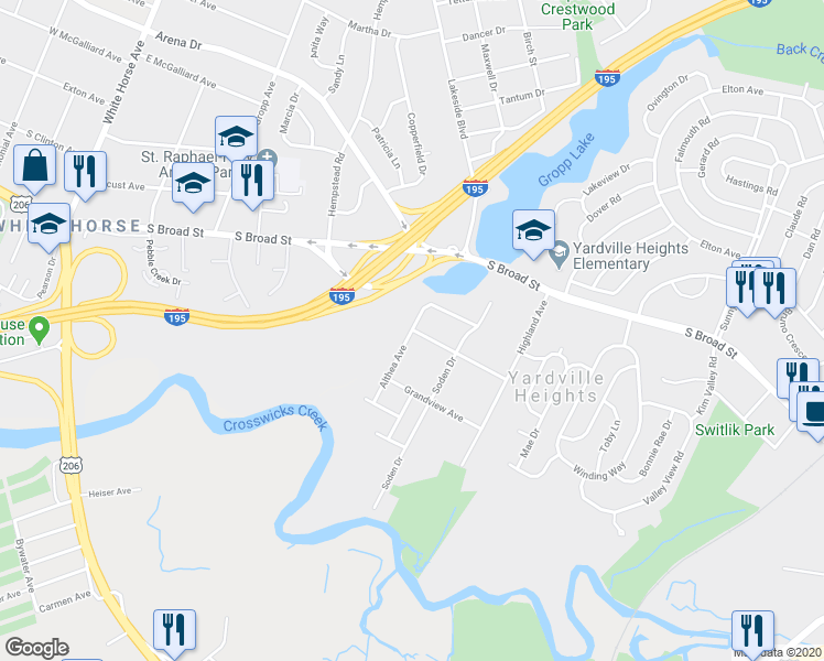 map of restaurants, bars, coffee shops, grocery stores, and more near 3 Prospect Avenue in Hamilton Township