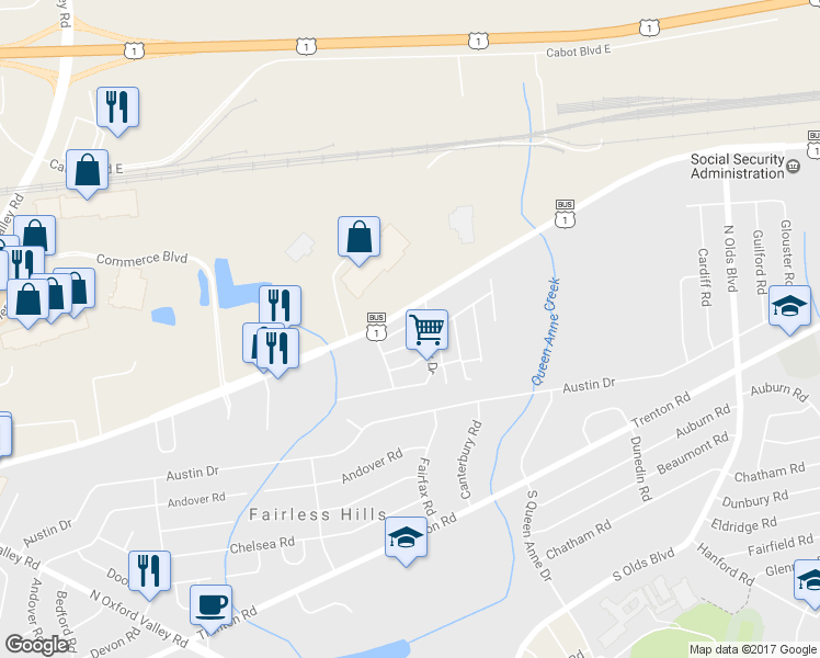map of restaurants, bars, coffee shops, grocery stores, and more near 155 Harding Drive in Fairless Hills