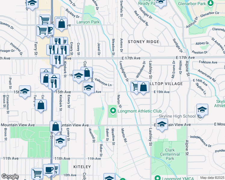 map of restaurants, bars, coffee shops, grocery stores, and more near 20 15th Avenue in Longmont