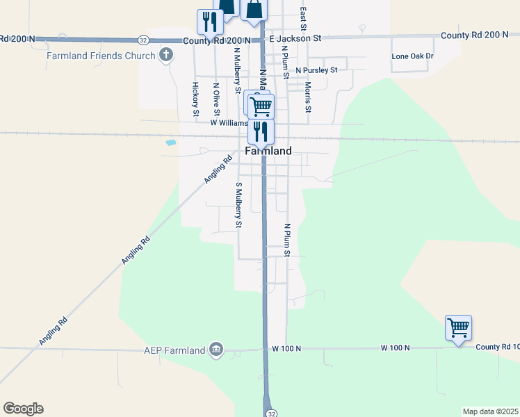 map of restaurants, bars, coffee shops, grocery stores, and more near 308 South Main Street in Farmland
