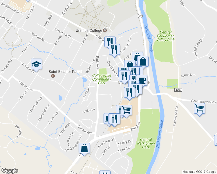 map of restaurants, bars, coffee shops, grocery stores, and more near 98 West Third Avenue in Collegeville