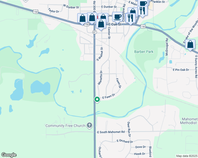 map of restaurants, bars, coffee shops, grocery stores, and more near 1103 South Marietta Drive in Mahomet