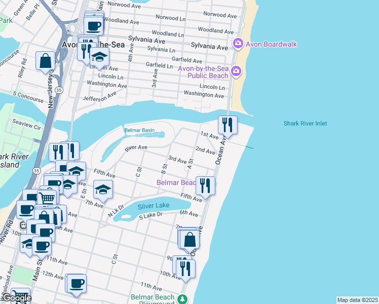 map of restaurants, bars, coffee shops, grocery stores, and more near 201 2nd Avenue in Belmar