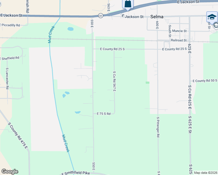 map of restaurants, bars, coffee shops, grocery stores, and more near 907 South Co Road 567 East in Selma