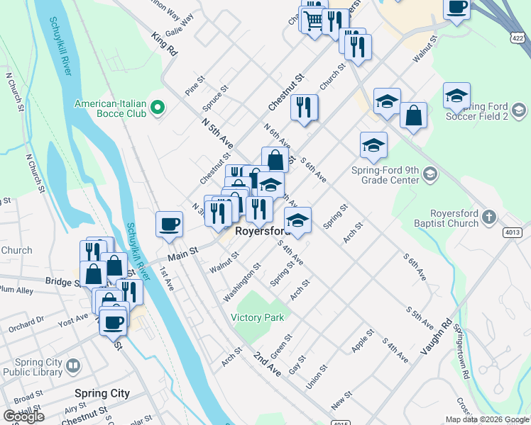 map of restaurants, bars, coffee shops, grocery stores, and more near in Royersford
