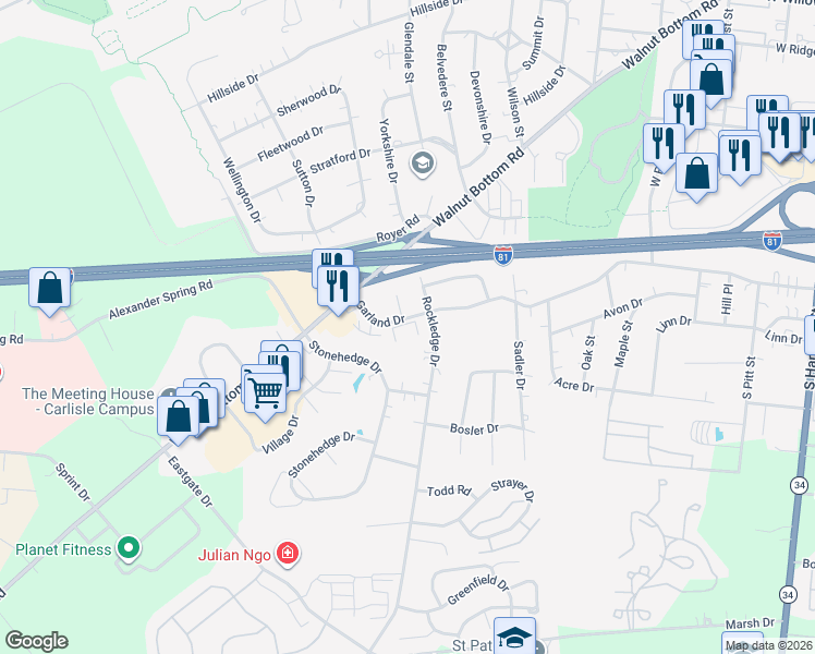 map of restaurants, bars, coffee shops, grocery stores, and more near 4 Garland Court in Carlisle
