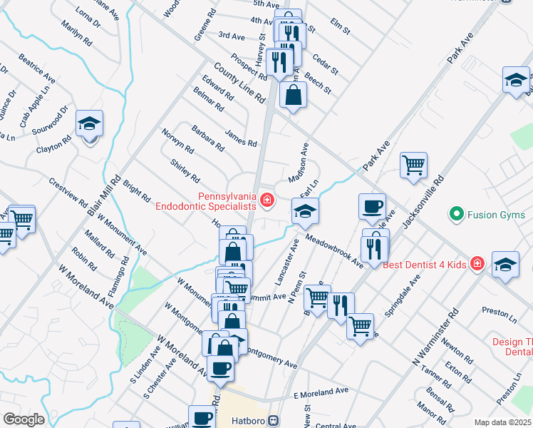 map of restaurants, bars, coffee shops, grocery stores, and more near 26 Kings Court in Hatboro