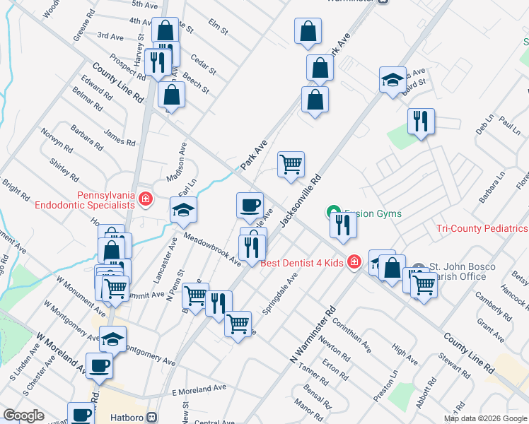 map of restaurants, bars, coffee shops, grocery stores, and more near 469b Oakdale Avenue in Hatboro