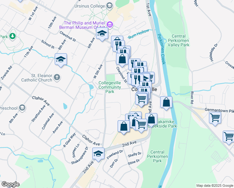 map of restaurants, bars, coffee shops, grocery stores, and more near 98 West Third Avenue in Collegeville