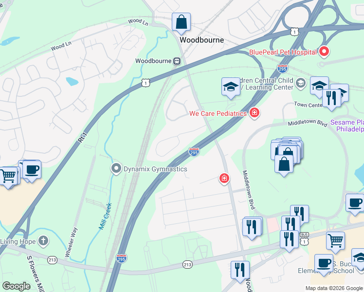 map of restaurants, bars, coffee shops, grocery stores, and more near 1720 Wellington Drive in Langhorne