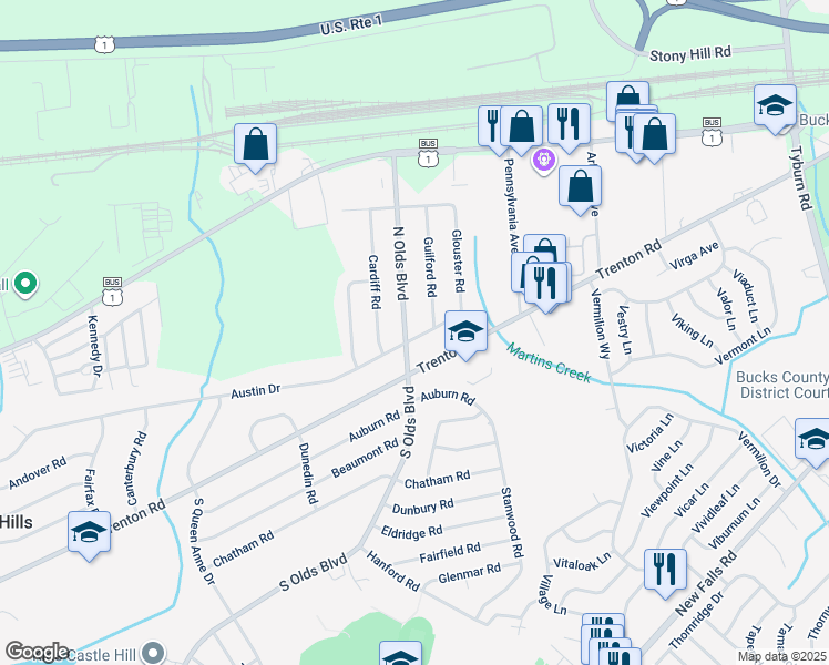 map of restaurants, bars, coffee shops, grocery stores, and more near 809 Austin Drive in Fairless Hills