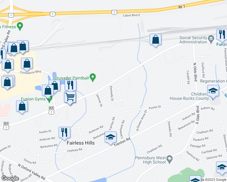 map of restaurants, bars, coffee shops, grocery stores, and more near 56 Harrison Drive in Fairless Hills
