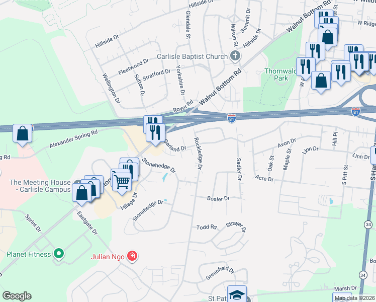map of restaurants, bars, coffee shops, grocery stores, and more near 4 Garland Court in Carlisle