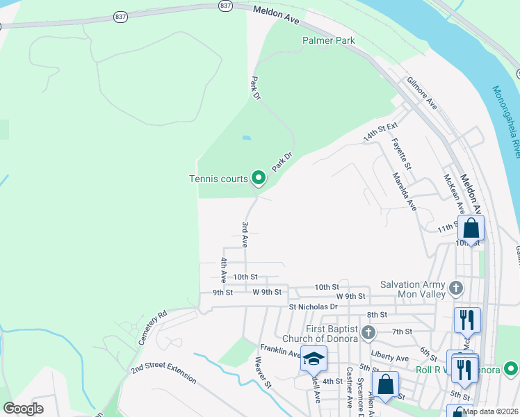 map of restaurants, bars, coffee shops, grocery stores, and more near in Donora