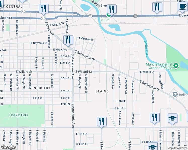 map of restaurants, bars, coffee shops, grocery stores, and more near 1112 South Walling Avenue in Muncie