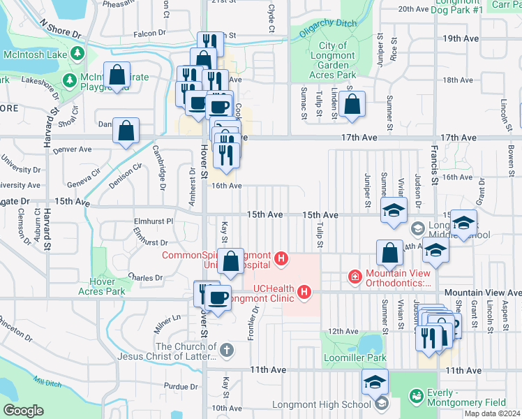 map of restaurants, bars, coffee shops, grocery stores, and more near 1500 Frontier Street in Longmont