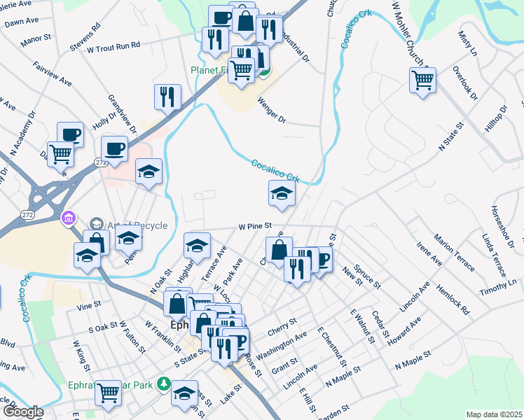 map of restaurants, bars, coffee shops, grocery stores, and more near 301 West Pine Street in Ephrata