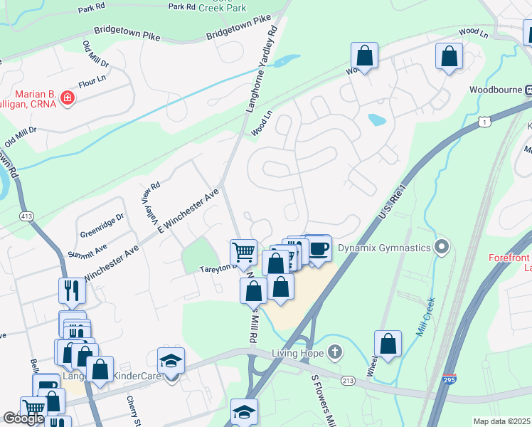 map of restaurants, bars, coffee shops, grocery stores, and more near 829 Saint James Drive in Langhorne