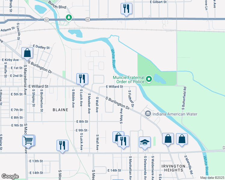 map of restaurants, bars, coffee shops, grocery stores, and more near 1110 South Jersey Avenue in Muncie