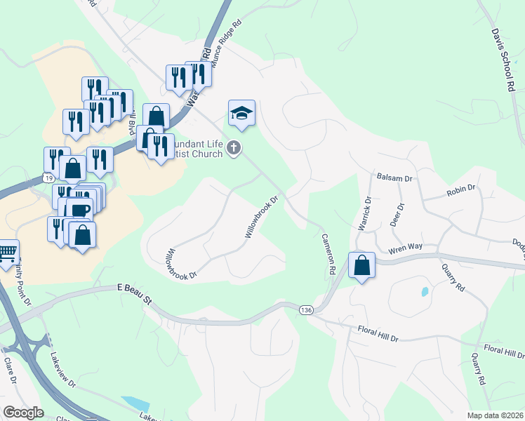 map of restaurants, bars, coffee shops, grocery stores, and more near 1440 Willowbrook Drive in Washington