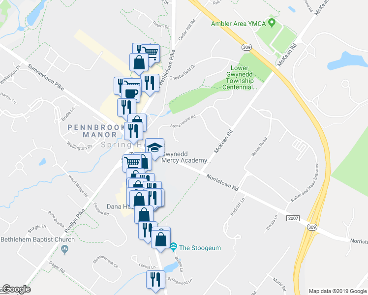 map of restaurants, bars, coffee shops, grocery stores, and more near 1105 Cleaver Road in Spring House
