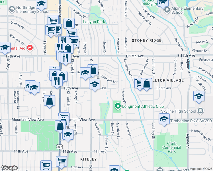 map of restaurants, bars, coffee shops, grocery stores, and more near 120 East 15th Avenue in Longmont