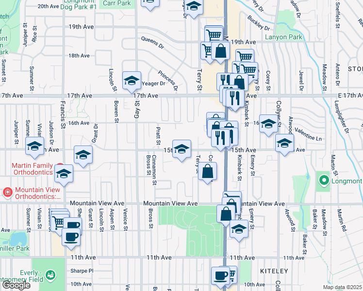 map of restaurants, bars, coffee shops, grocery stores, and more near 827 15th Avenue in Longmont