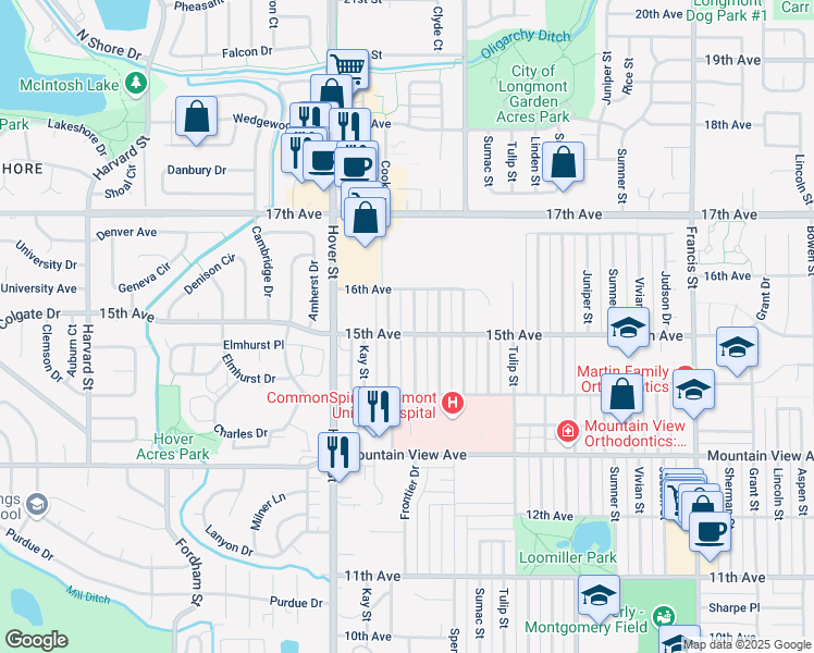 map of restaurants, bars, coffee shops, grocery stores, and more near 1500 Frontier Street in Longmont