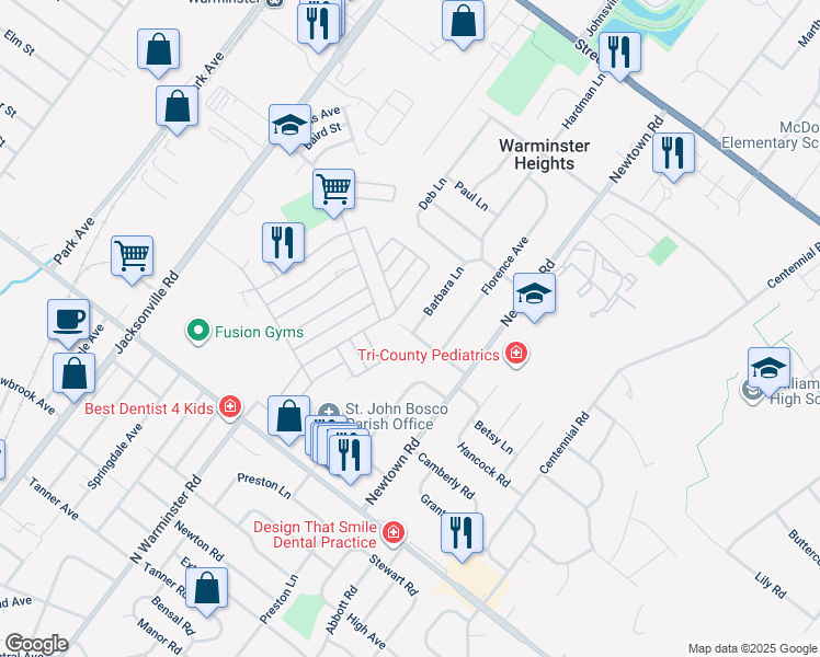 map of restaurants, bars, coffee shops, grocery stores, and more near 202 Barbara Lane in Warminster
