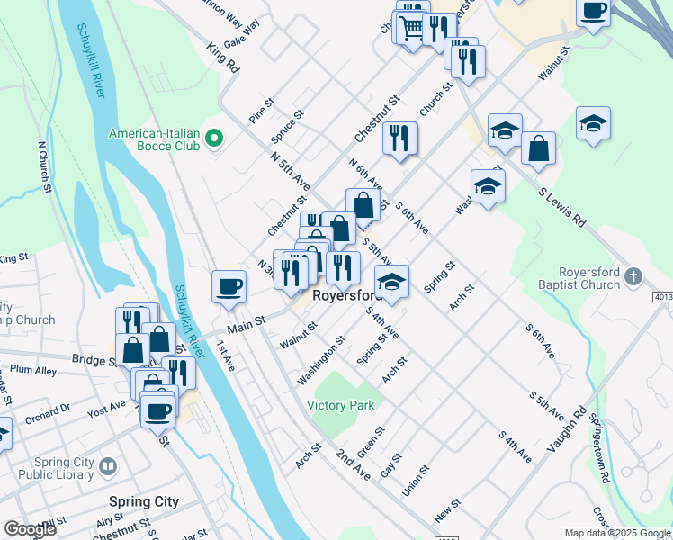 map of restaurants, bars, coffee shops, grocery stores, and more near in Royersford
