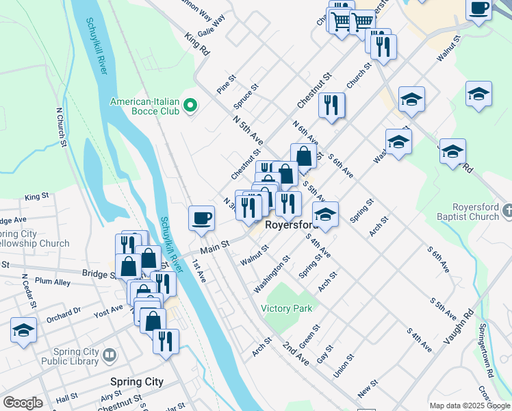map of restaurants, bars, coffee shops, grocery stores, and more near 331 Summer Street in Royersford
