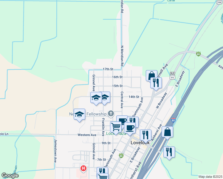 map of restaurants, bars, coffee shops, grocery stores, and more near 1465 Elmhurst Avenue in Lovelock