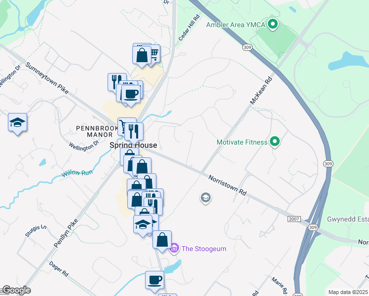 map of restaurants, bars, coffee shops, grocery stores, and more near 1105 Cleaver Road in Spring House
