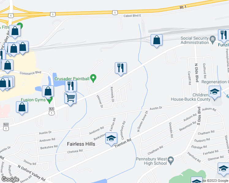 map of restaurants, bars, coffee shops, grocery stores, and more near 56 Harrison Drive in Fairless Hills